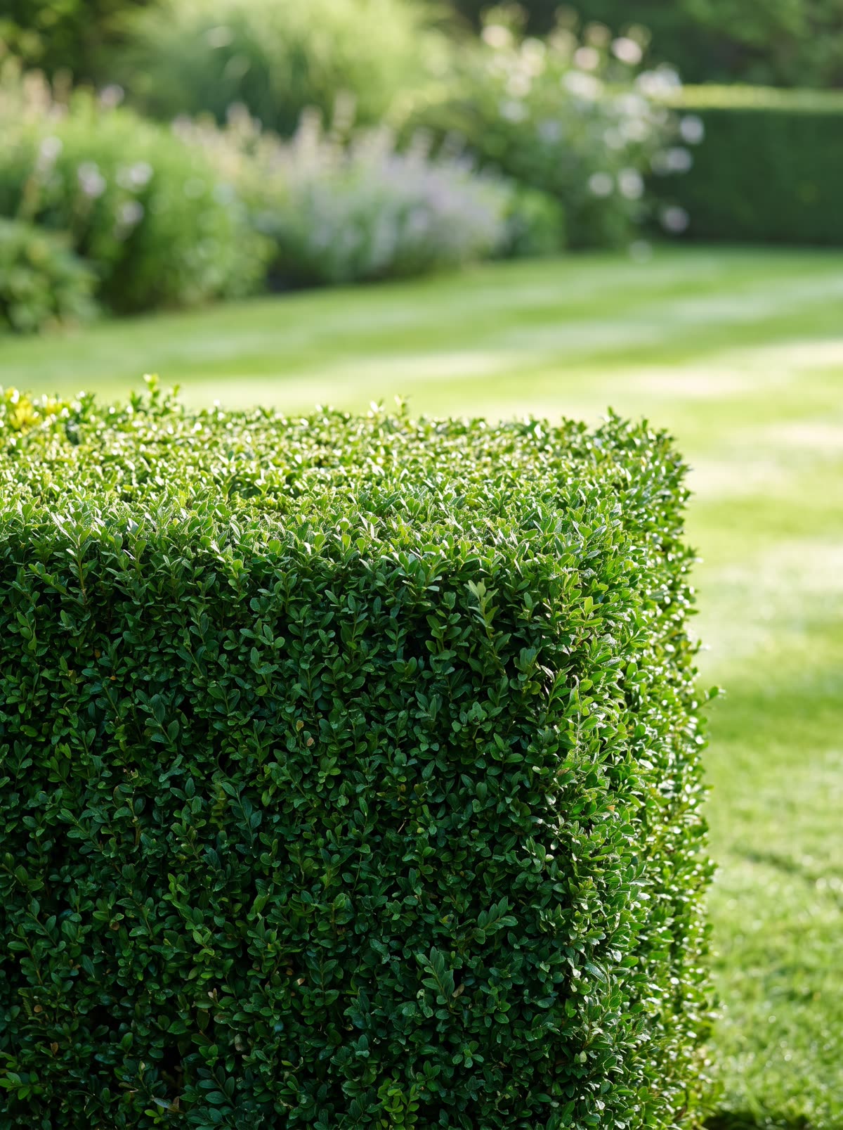 Close-up of a boxwood hedge trimmed to a razor-sharp square corner in a formal garden