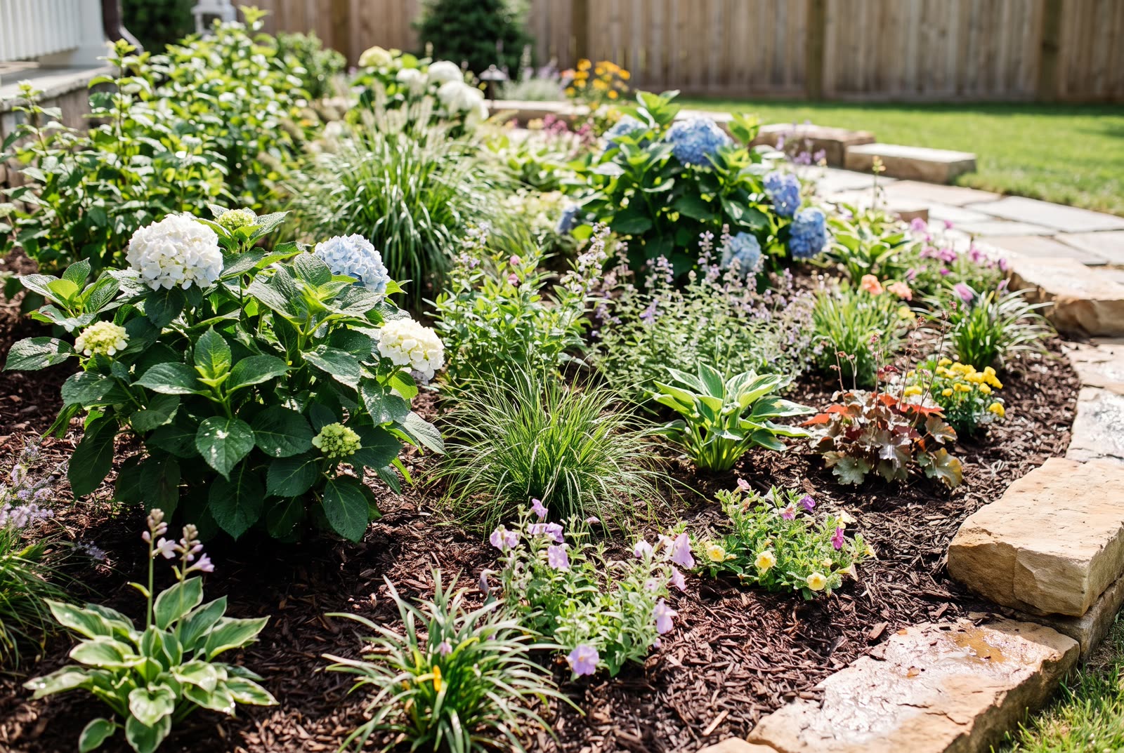A lush freshly planted garden bed with hydrangeas, ornamental grasses and clean mulch