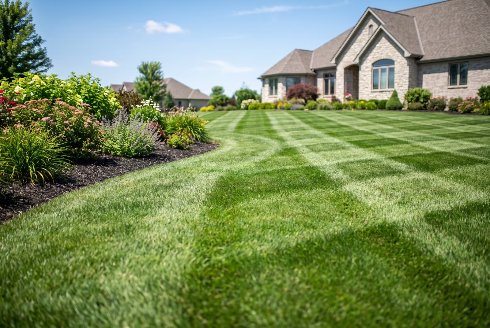 A large lawn with crisp fresh mowing stripes and sharply edged planting beds