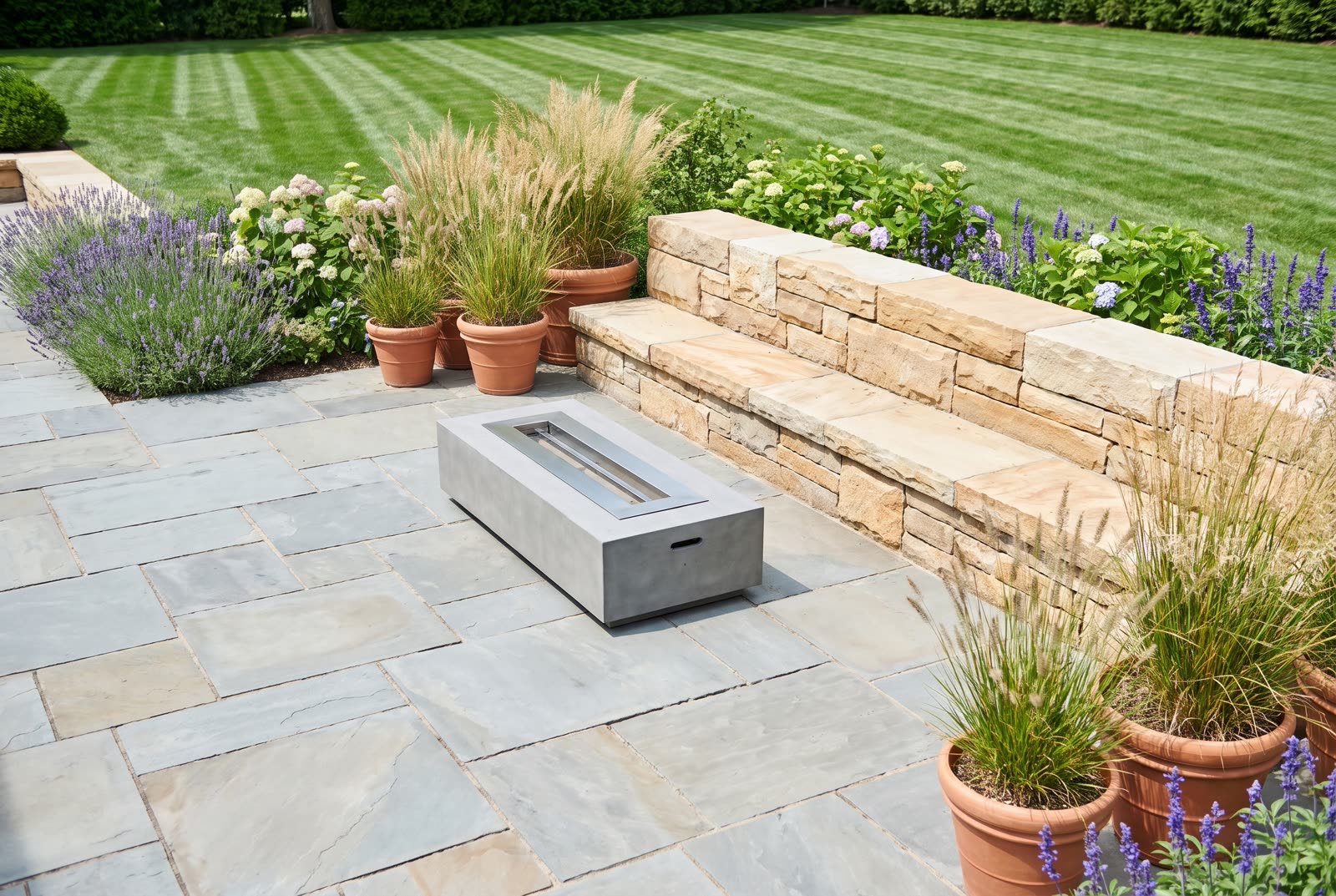 A bluestone paver patio with a stone seat wall, fire feature and planting borders