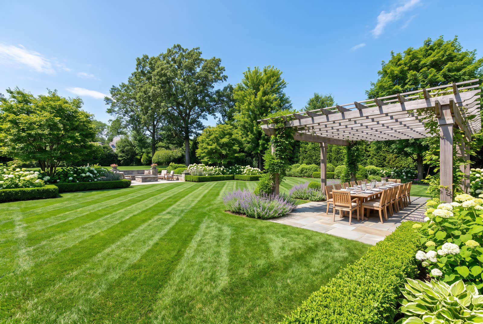 A fully transformed backyard with striped lawn, stone patio, pergola dining area and layered gardens
