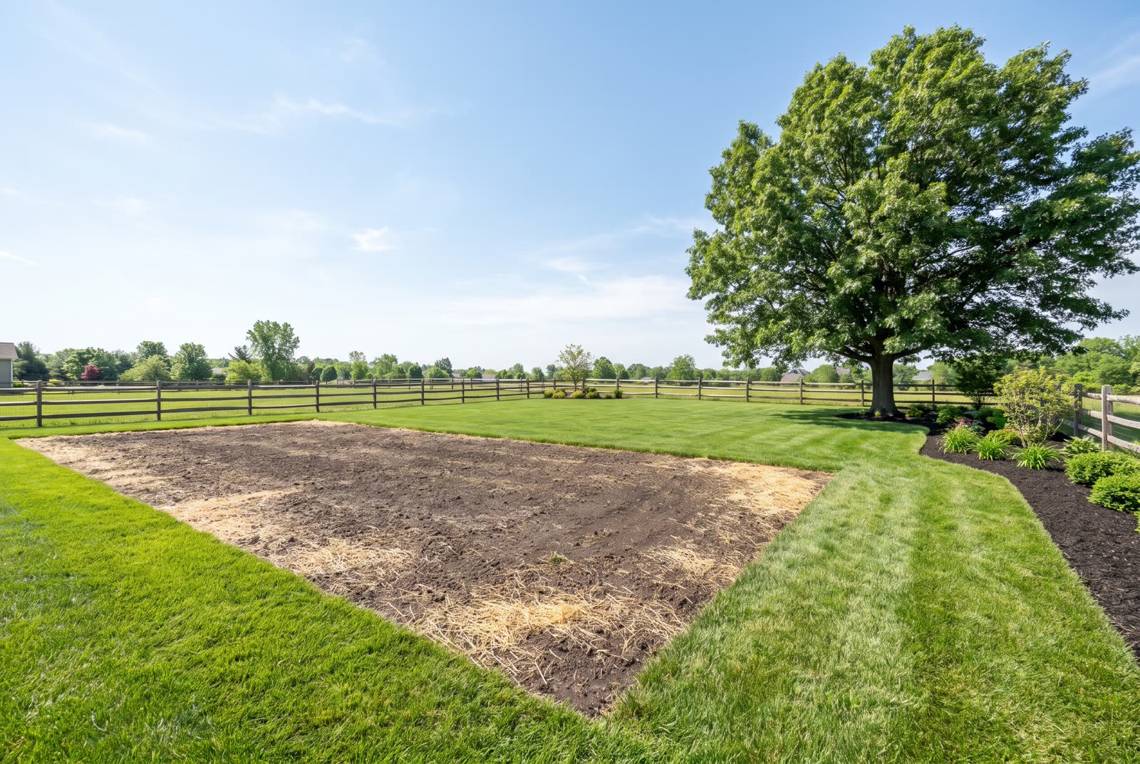 A clean open lawn area freshly graded and seeded after tree and stump removal
