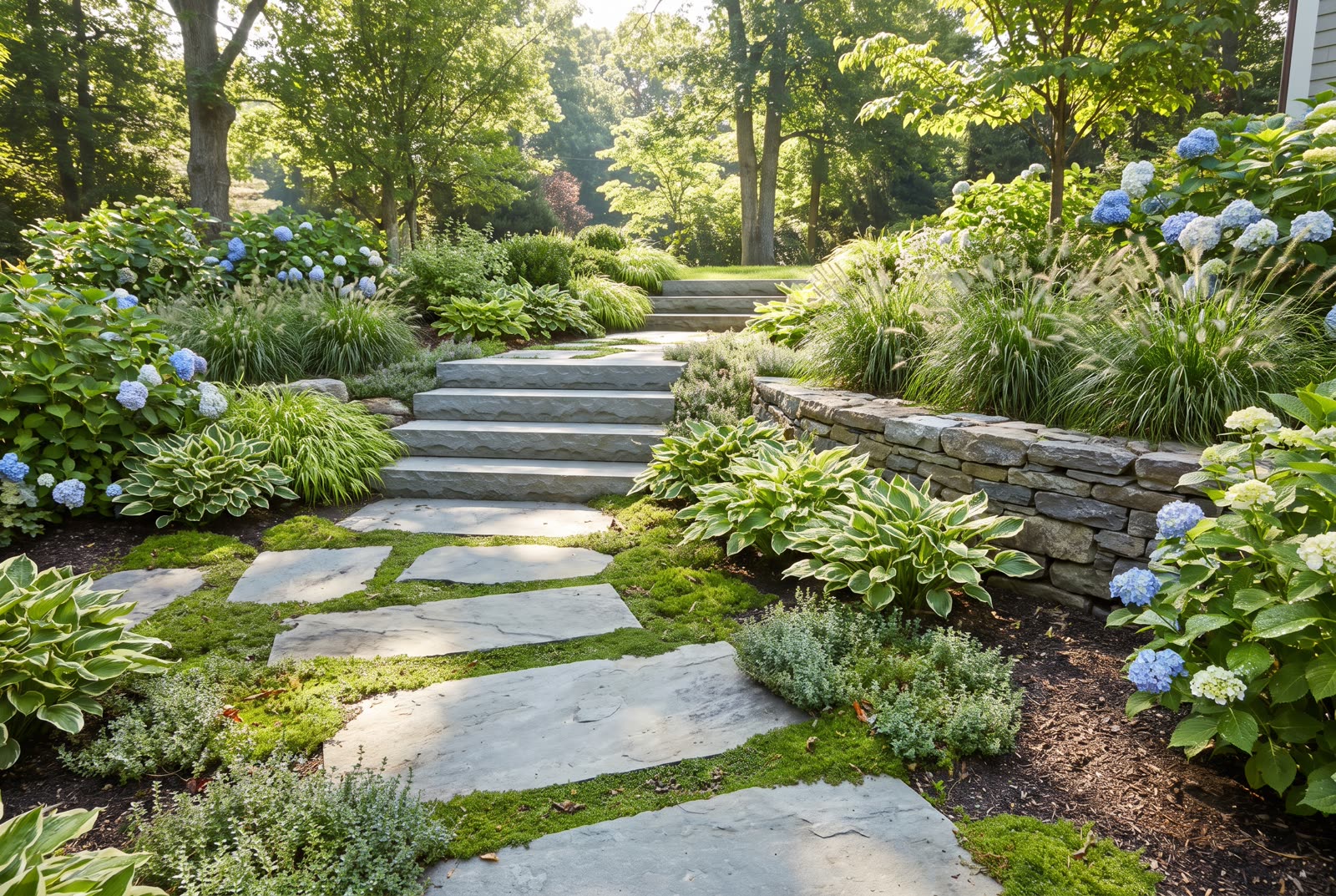 A natural flagstone walkway with stone steps winding through a landscaped garden