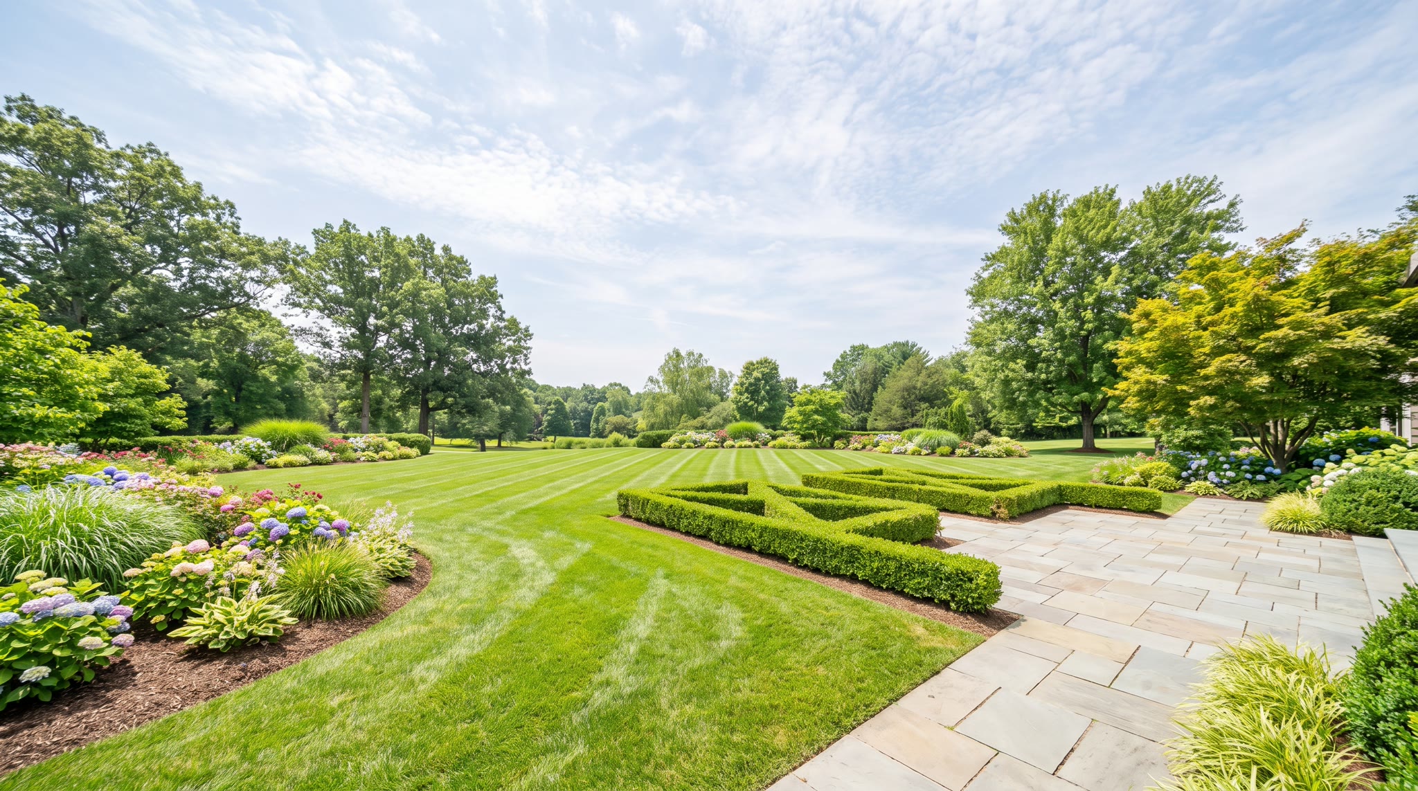 A sweeping manicured estate garden with striped lawn, sculpted hedges, layered flower beds and a stone walkway on a bright summer day